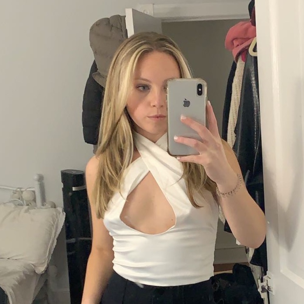 ADORABLE WHITE SILK CROSSOVER TOP!